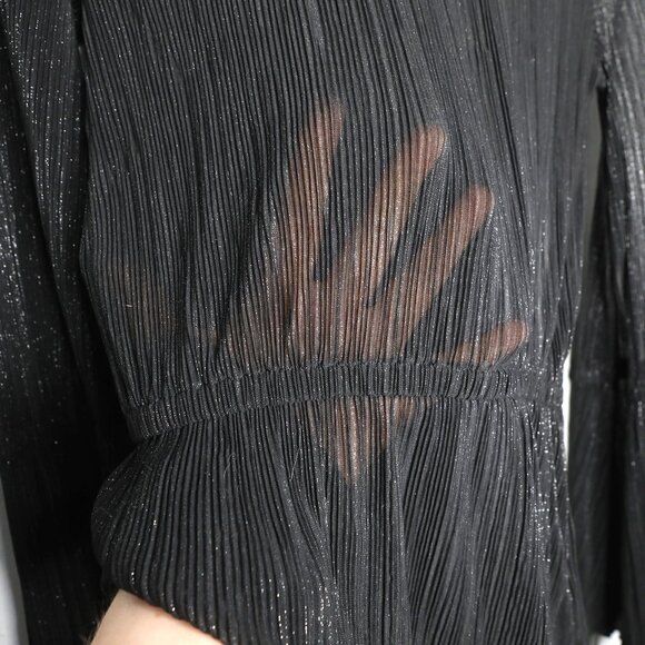 Michael Kors Black Sheer Bell Sleeve Blouse Pleated Top Metallic Thread Elastic - Picture 7 of 13